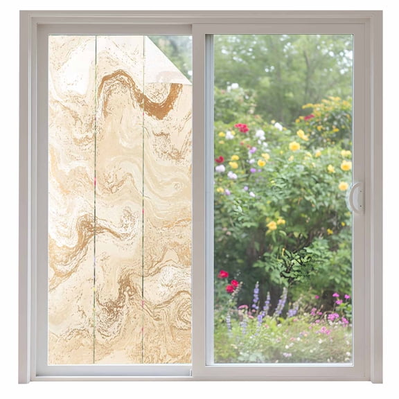 Marble Window Privacy Film Abstract Fluid Art Beige Brown Marble Texture Modern Decorative Glass Window Film UV Blocking Static Cling Non-Adhesive Sticker Covering for Home Door 35.4x78.7 inches