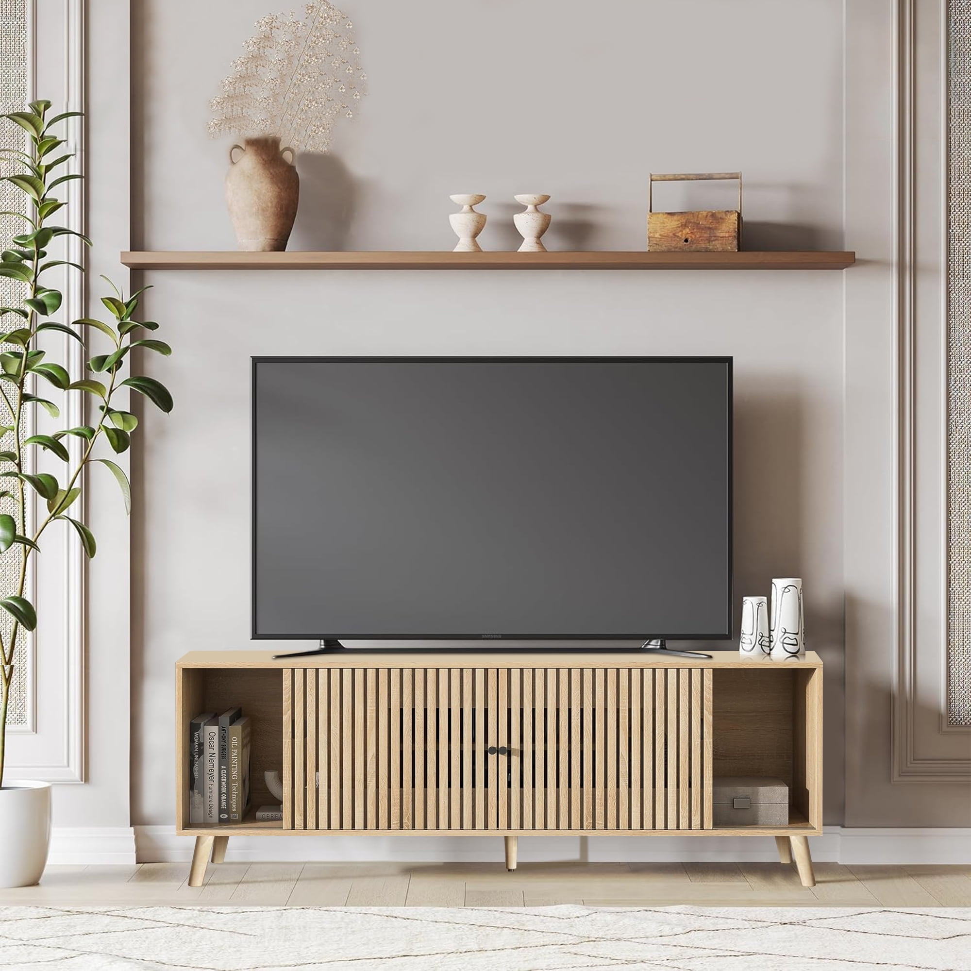 Mid-Century Modern TV Stand for TVs up to 70”, Sliding Door Wood Entertainment Center with Storage, Natural