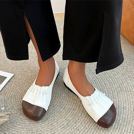 

FZM Women shoes Ladies Fashion Color Blocking Leather Shallow Comfort Soft Sole Flat Casual Shoes