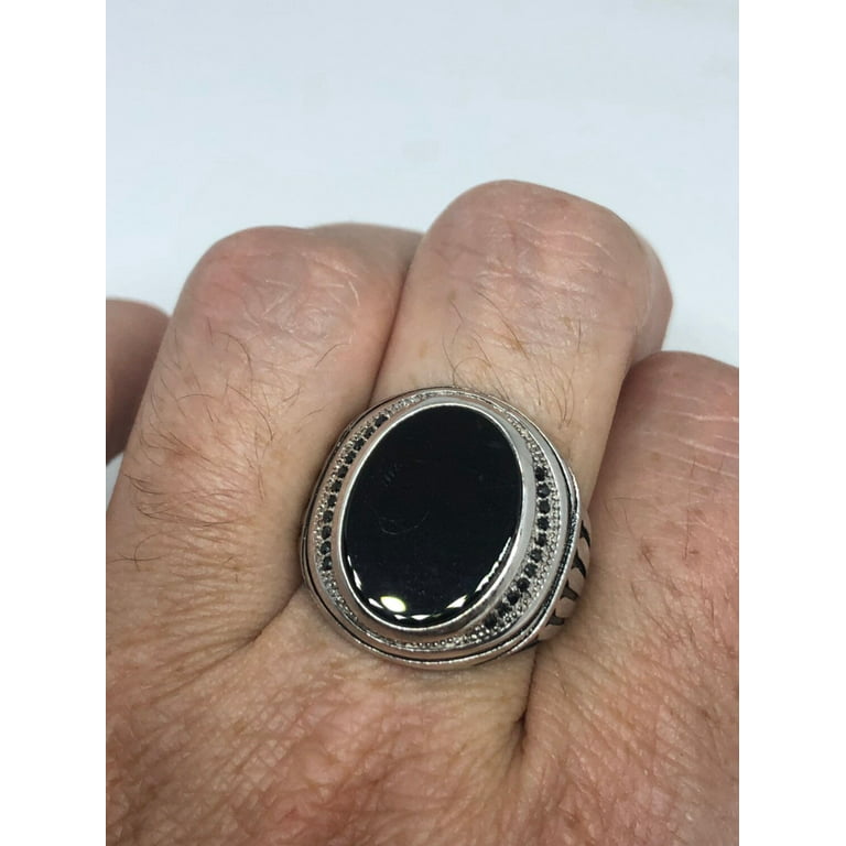 Oval D Shape Black Aqeeq Stone Silver Ring
