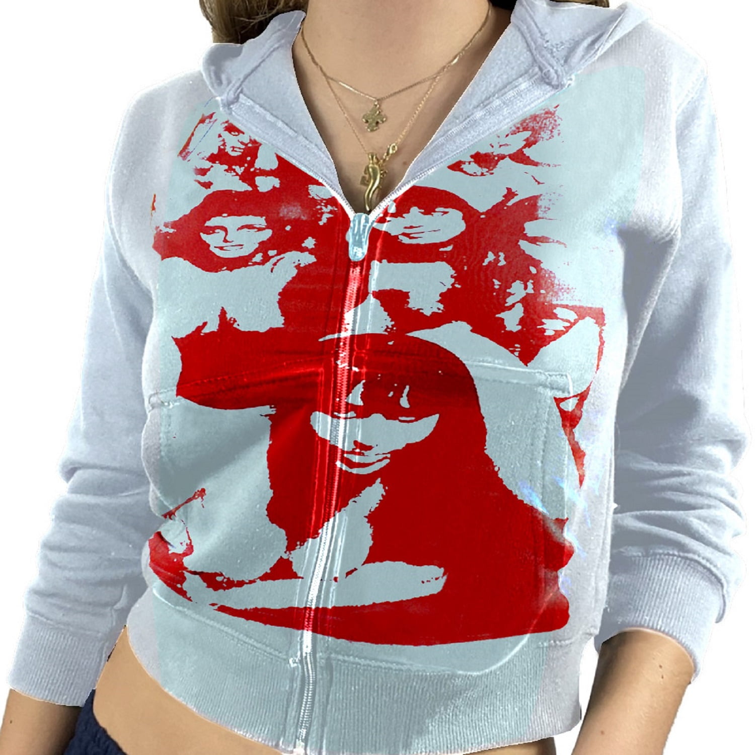 Womens Vintage Front Zip Hooded Tops Hoodie Print Long Sleeve Kangaroo Pocket Pullover Sweatshirt