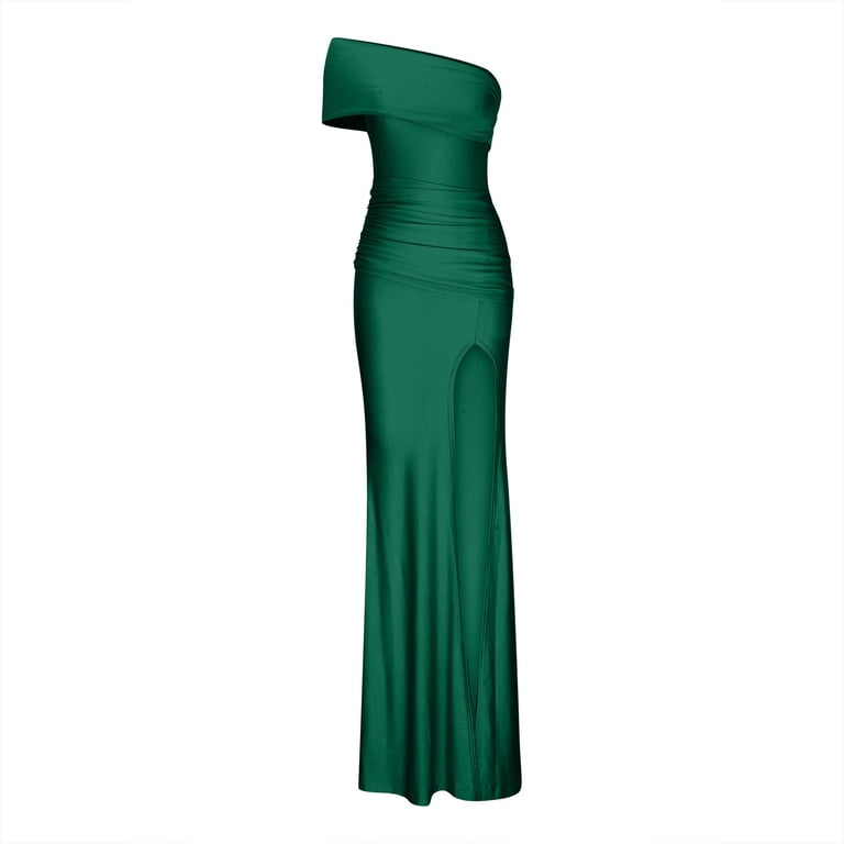Stunning Wedding Guest DressGreen Sexy Solid Patch Slit Oblique Collar Evening Cocktail Dresses(Green/M)