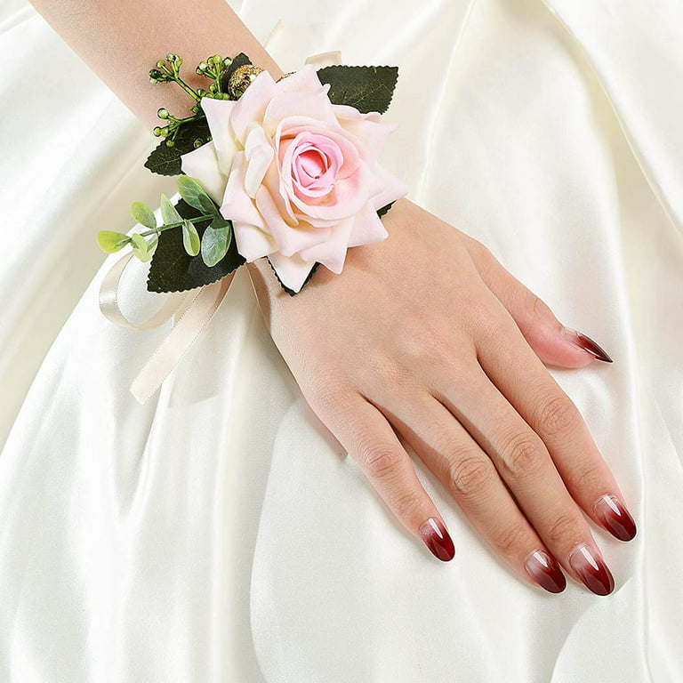 Yean Rose Flower Bride Wedding Wrist Corsage Bracelet Leaf Bridal Hand  Flowers Whith Ribbon Floral Corsages Wristletfor Women and Girls