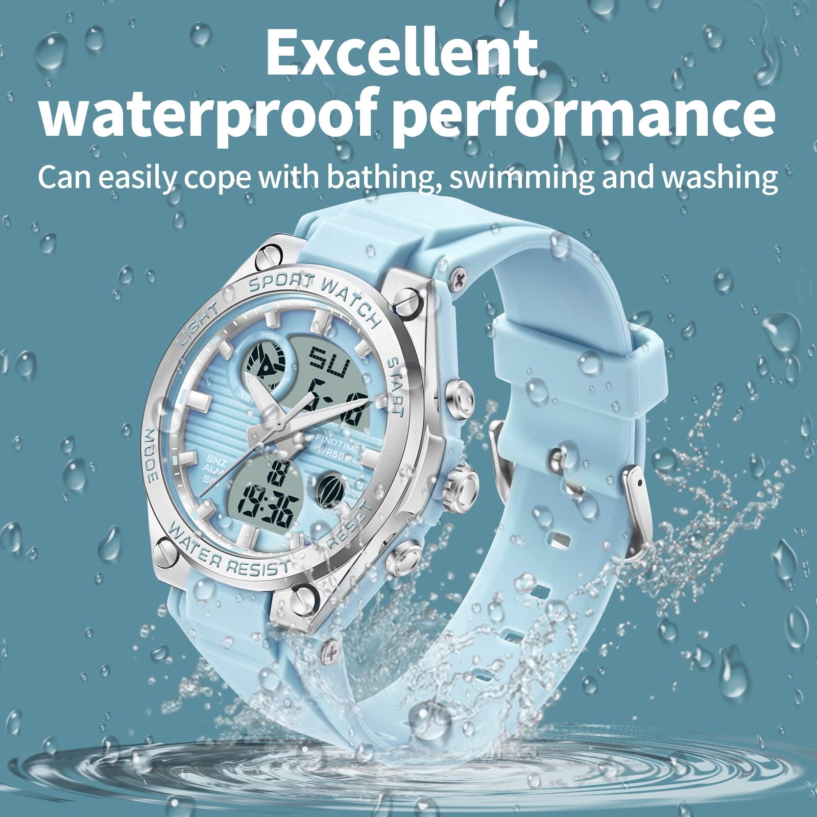 Findtime Ladies Sport Digital Watches Wrist Watch for Women with Waterproof Dual Time Date Luminous Back Light Week Alarm Stopwatch Count Down White Black Blue Green
