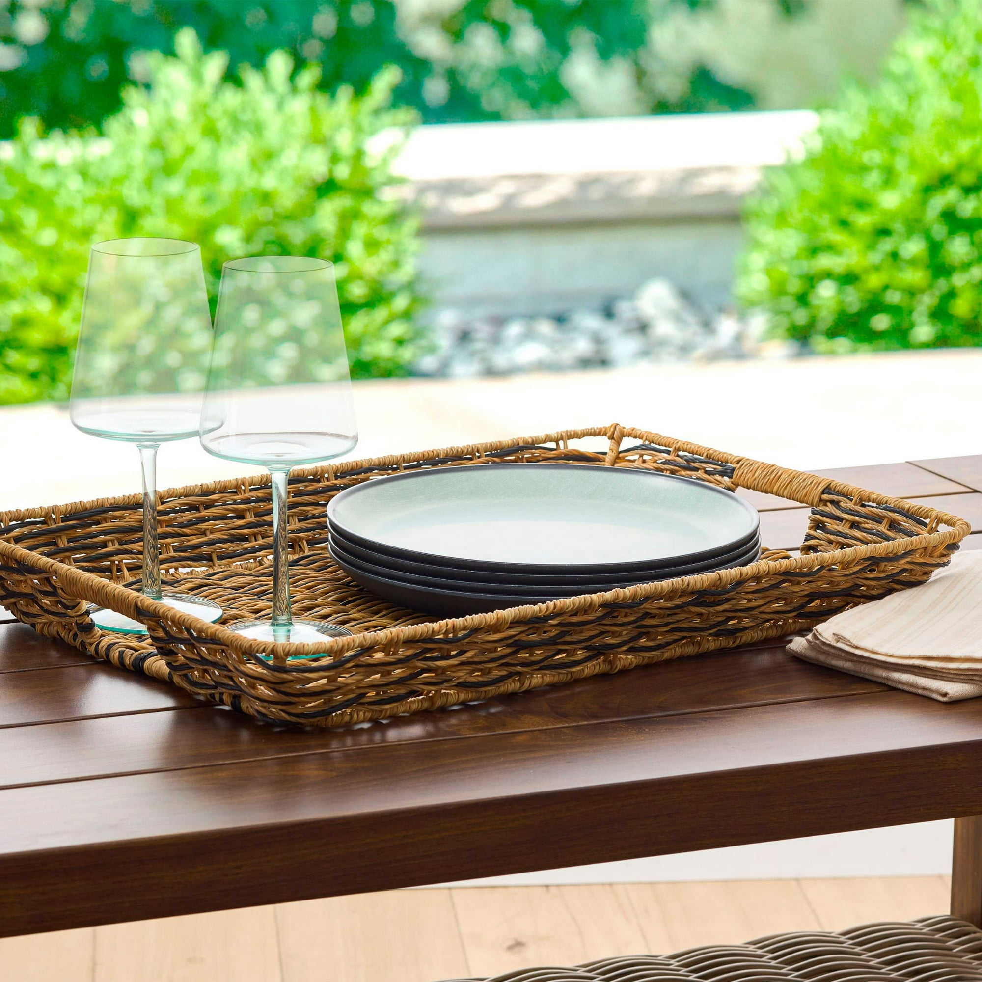 Better Homes & Gardens Beige and Black Resin Rattan Rectangular Serving Tray