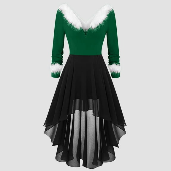 BLTIBY Womens Christmas Dress Long Sleeve Vintage Mrs Claus Xmas Costumes A-Line Mesh Irregular Swing Party Holiday Cocktail Dresses Green XXL