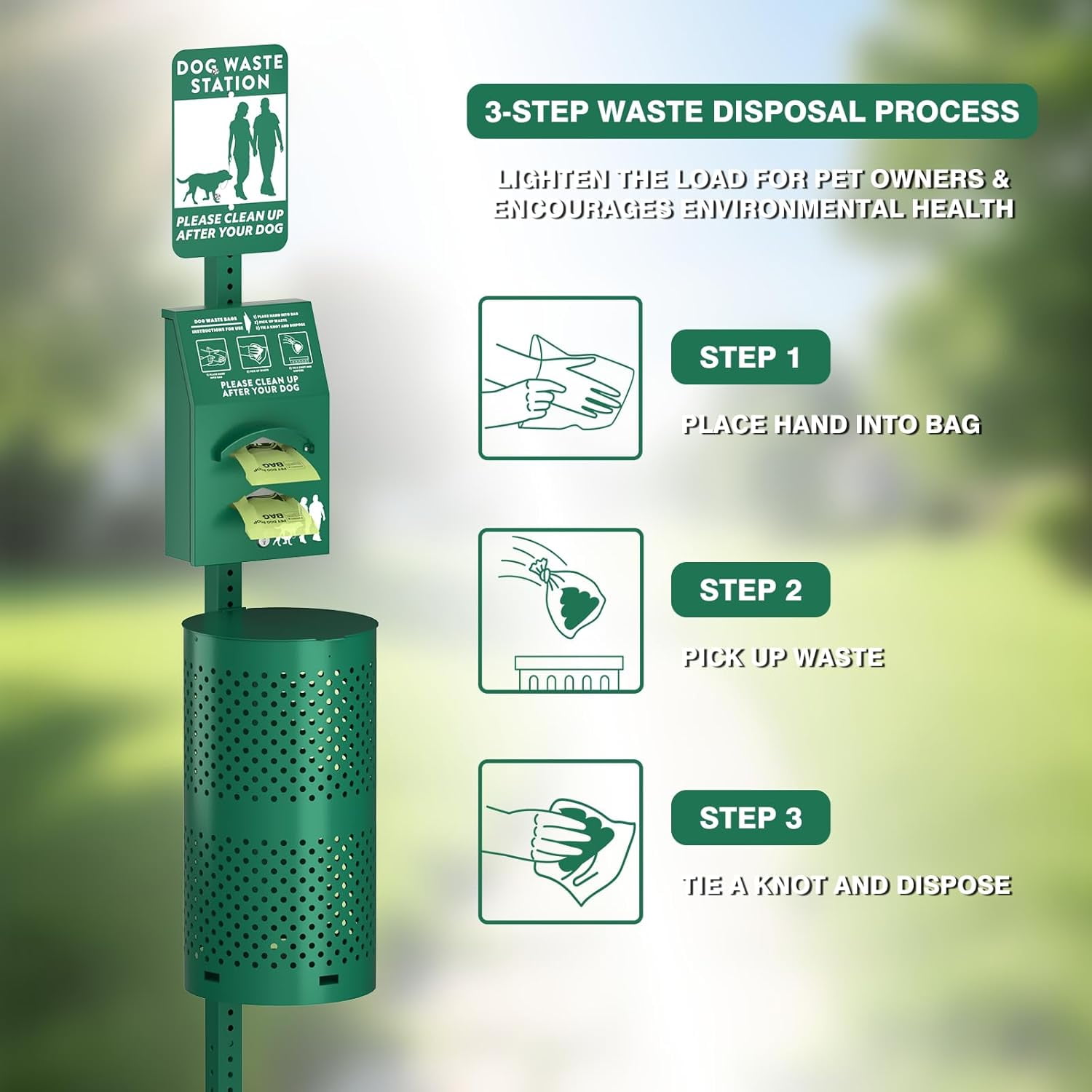 POCHAR Aluminum Rustproof Dog Waste Disposal Station for Pet Parks - 10 Gallon Outdoor Pet Poop Disposal Bin with Reflective Sign & Lid - Included 600 Pet Waste Bags (Green)