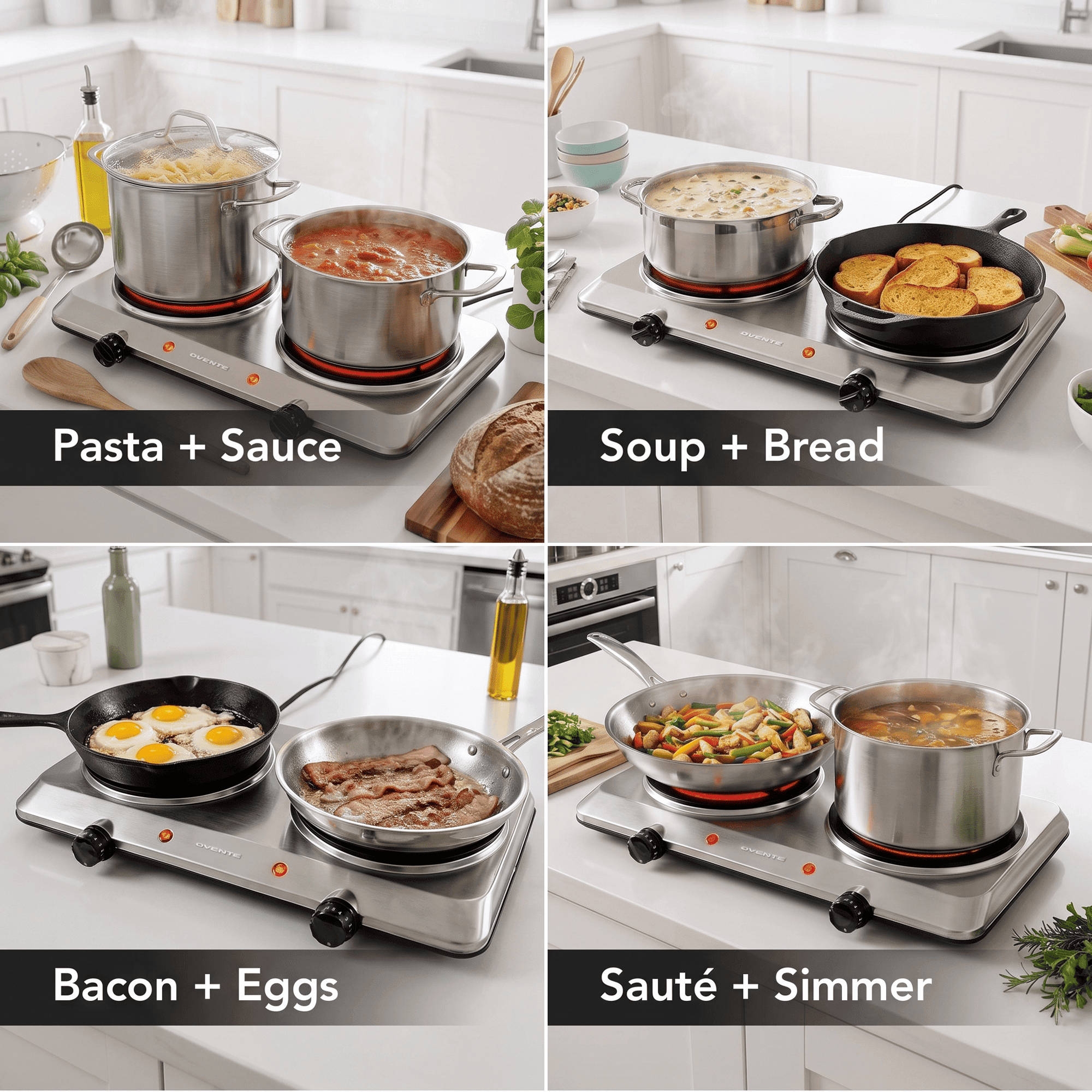 OVENTE Electric Infrared Double Burner, 6 Heat Levels, Silver BGI202S | 1500W Hot Plate w/ 7.5” Ceramic Glass Cooktop, Easy to Clean Stainless Steel Base, Compact Stove for Home, Dorm, Office