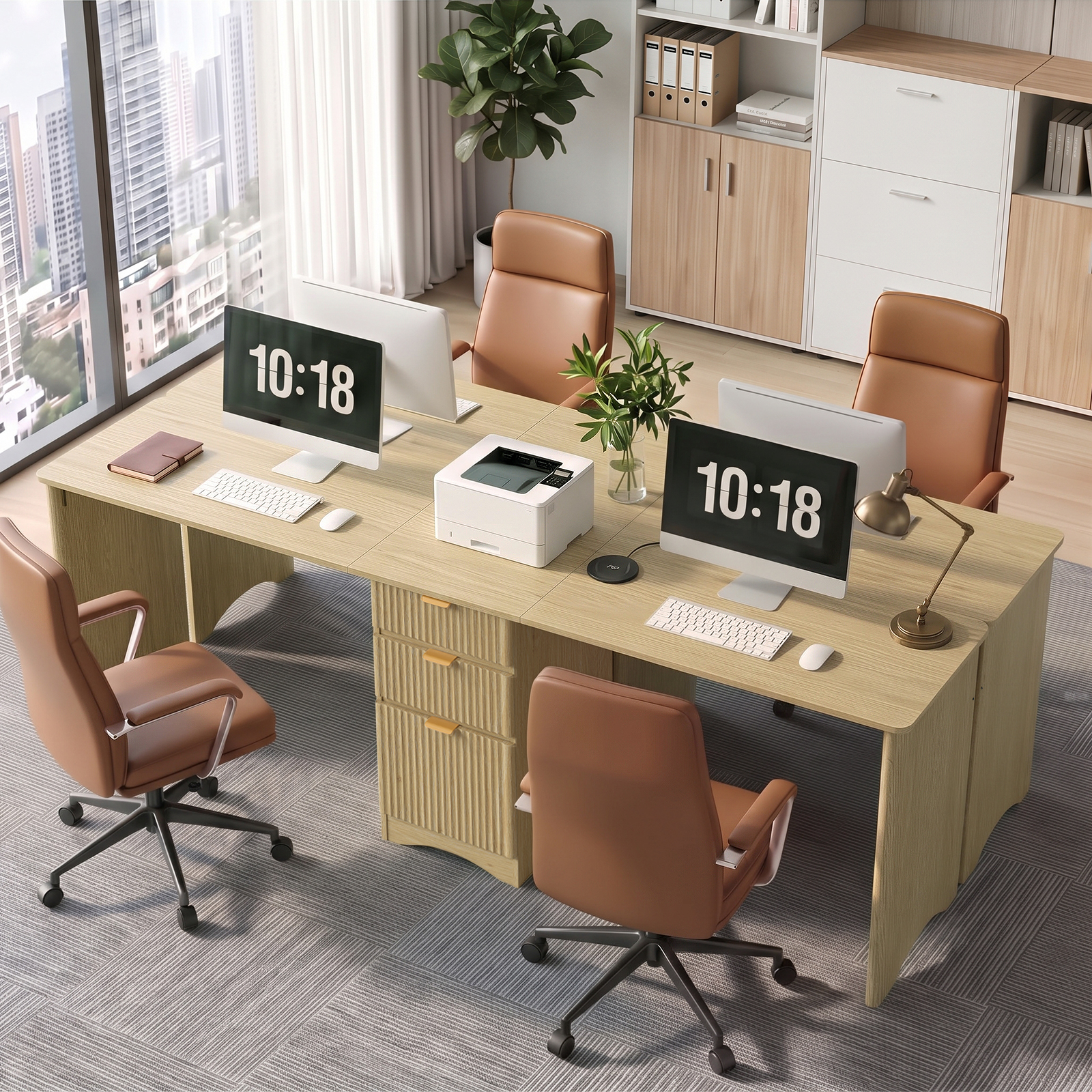 Bestier 95" Two Person Computer Desk with Drawers, Oak photo 3