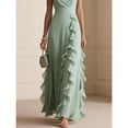 thumbnail image 3 of EASYBRA Women V Neck Pleated Maxi Dress Short Sleeve High Waist Solid Color Elegant Summer Long Dress, 3 of 4