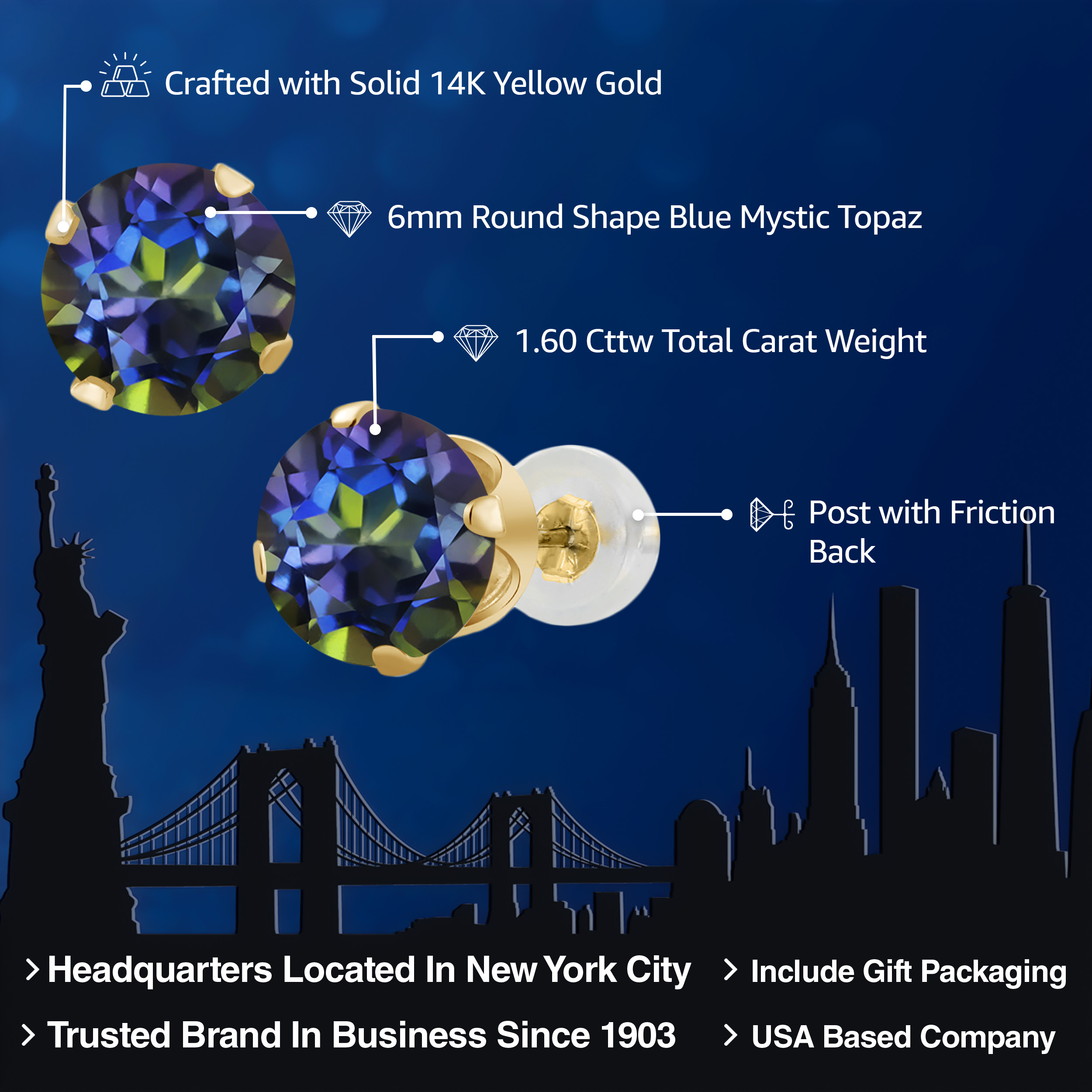 Gem Stone King 1.60 Ct Round Blue Mystic Topaz 14K Yellow Gold 4-prong Stud Earrings for Women Men 6mm