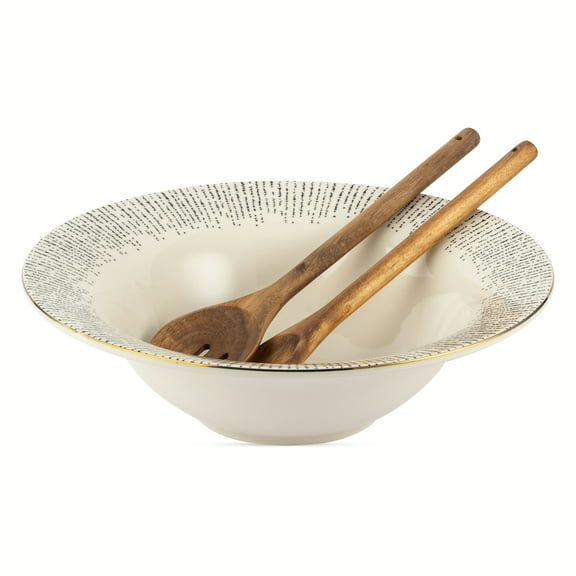 Thyme & Table Riley Ceramic 3-Piece Serve Bowl with Wood Serve Utensils