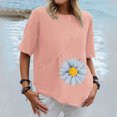 thumbnail image 2 of Chemises d'Été pour Femmes Col Rond Imprimé Coton Lin Haut Grande Taille Ourlet Irrégulier Décontracté Confortable Manches Courtes Blouse, 2 of 4