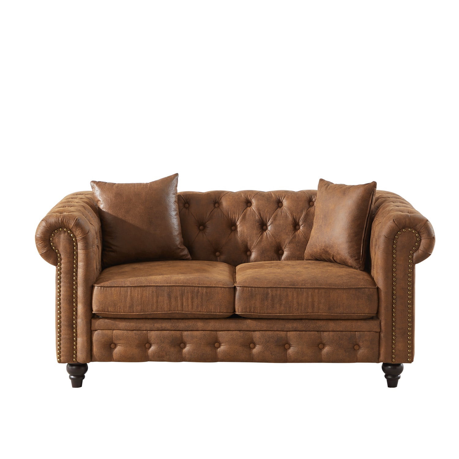 Hommoo 83.5"W Luxury Tech Fabric Chesterfield Loveseat, 2-Seater Sofa Couches with Button Tufted Design &Rolled Arms, Brown
