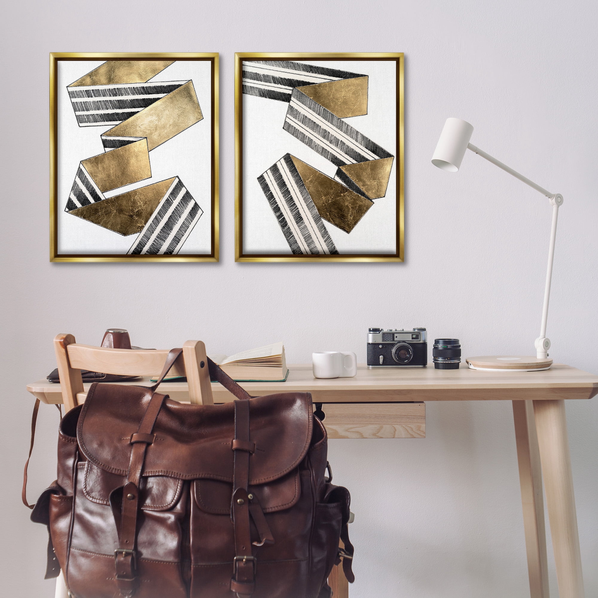 Stupell Industries Cascading Patterned Ribbon Abstract Painting Gold Floater Framed Canvas Art Print Wall Art, 25 x 31, Set of 2
