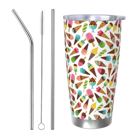 

Ocsxa Ice Cream Popsicles Pattern 20oz Travel Coffee Mug with Flip Lid Stainless Steel Insulated Insulated Coffee Mug Thermal Cup with Splash Proof Sliding Lid-Straw Three-piece Set