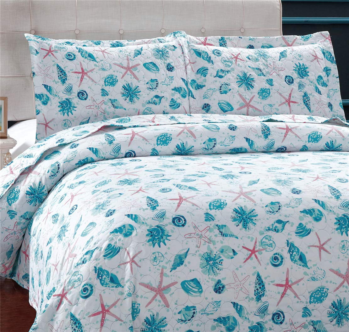 Smuge 3Pcs Queen/Full Size Seashell Bedding( 1 Microfiber Quilted Coverlet，2Pillow Shams), Blue
