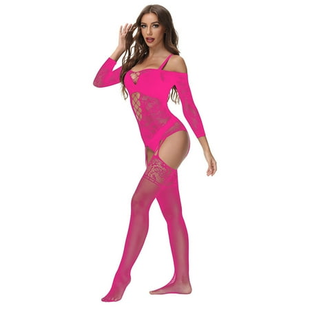 QIPOPIQ Clearance Lingerie for Women Sexy Valentines Women Silk Stockingss Lingerie Fishnet Seamless Mesh Netting Stockings Chemise Hollow Out Bodysuit Fishnet Bodysuit