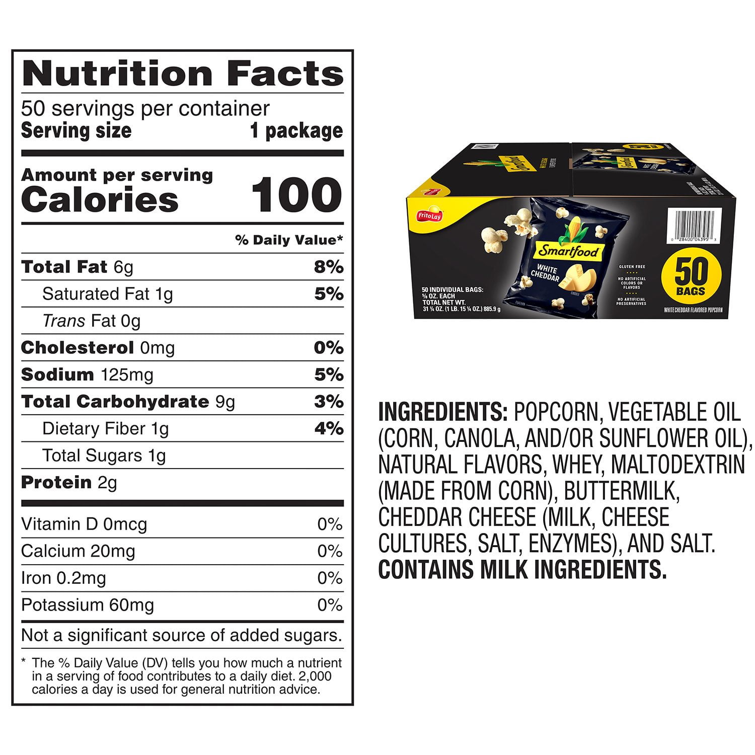 Smartfood White Cheddar Cheese Popcorn, Classic Air-Popped Snack, 0.625 oz., 50 pk. With White Bowl By OMA
