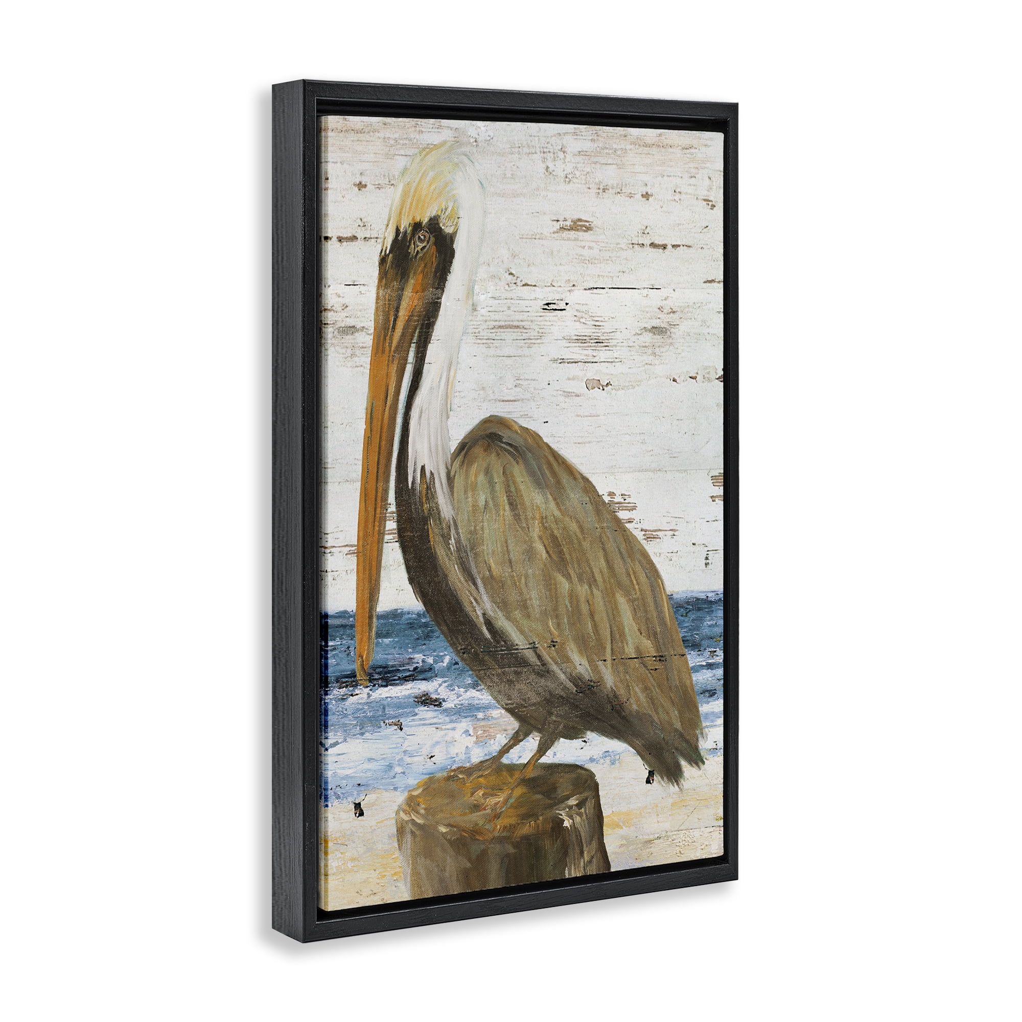 Stupell Industries Rustic Ocean Pelican Animals & Insects Painting Black Floater Framed Canvas Art Print Wall Art, 21 x 31