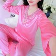 thumbnail image 7 of XFYSSS Casual Women's Plus Size Thin Solid Color Long Sleeved Simulation Silk V-Neck Silk Set Home Clothes Two-Piece Set Pajamas Set M-4XL, 7 of 7