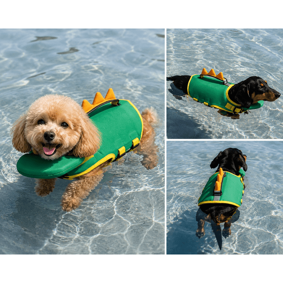 Dinosaur Dog Life Jacket, Cute Pet Swimming Vest for Dogs, Adjustable Puppy Float Vest with Buoyant Support, Funny Dog Water Outfit for Beach, Pool, Lake, Boating & Summer Outdoor Adventures