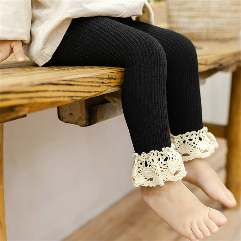 Girls Toddler Baby Lace Ribbed Knit Stretch Leggings Footless Tights Kids  Bottom Long Pants Lace Trim Flower Appliqued Black 0-12 Months 