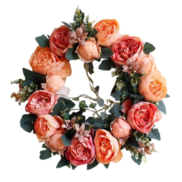 Corona de primavera y verano para puerta, decoración de pared, flores de seda, corona floral verde hecha a mano Naranja Champaña