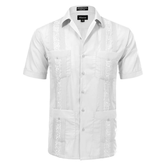 Allsense Chemises Guayabera Cubaines à Manches Courtes pour Hommes, Chemises Décontractées d'Été pour la Plage, Blanches, Col 15.5 Pouces, Medium
