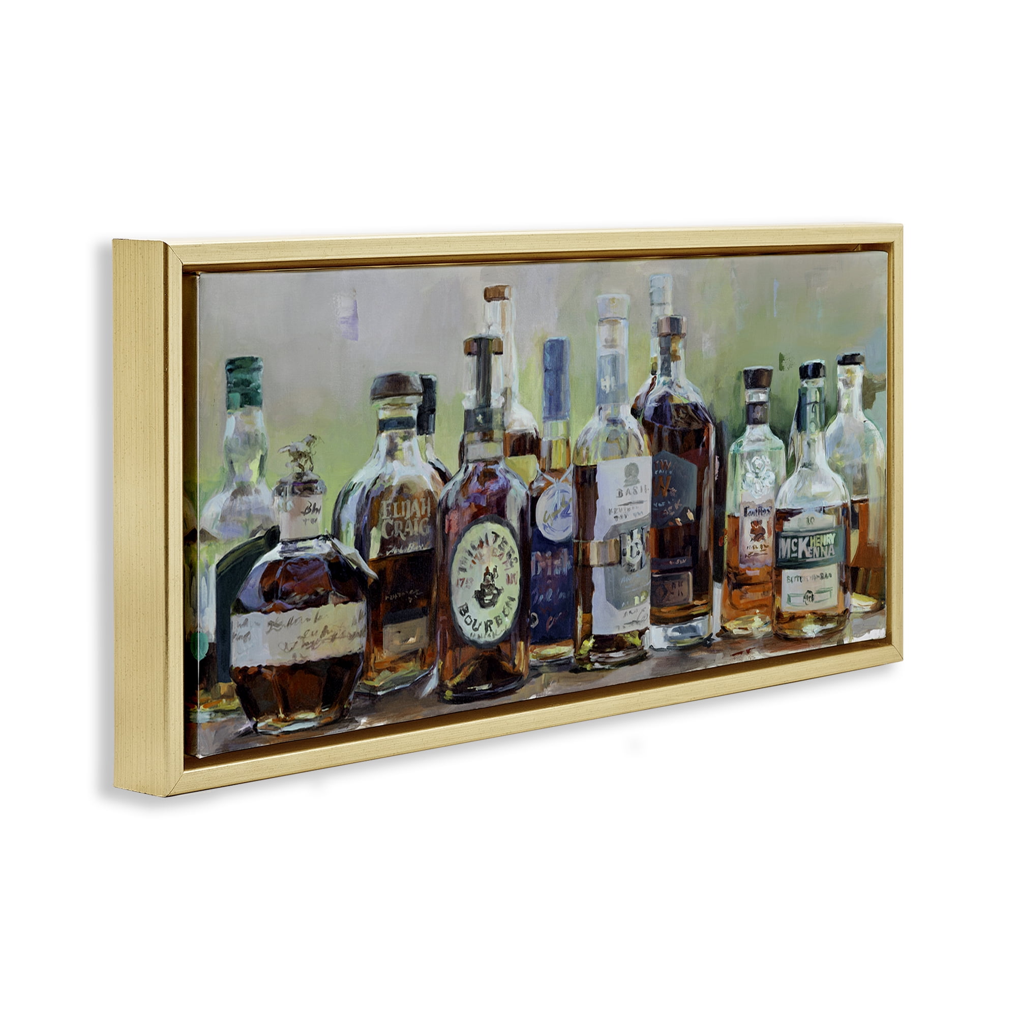 Stupell Industries Vintage Whiskey Bottles Display Gold Framed Floater Canvas Wall Art, design by Marilyn Hageman
