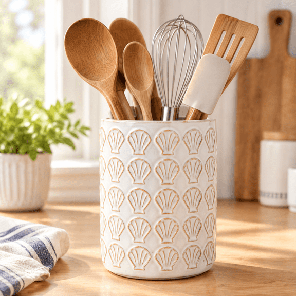 Embossed Ceramic Utensil Holder Crock – Farmhouse Kitchen Counter Organizer for Cooking Tools, Spoons, Spatulas & Cutlery