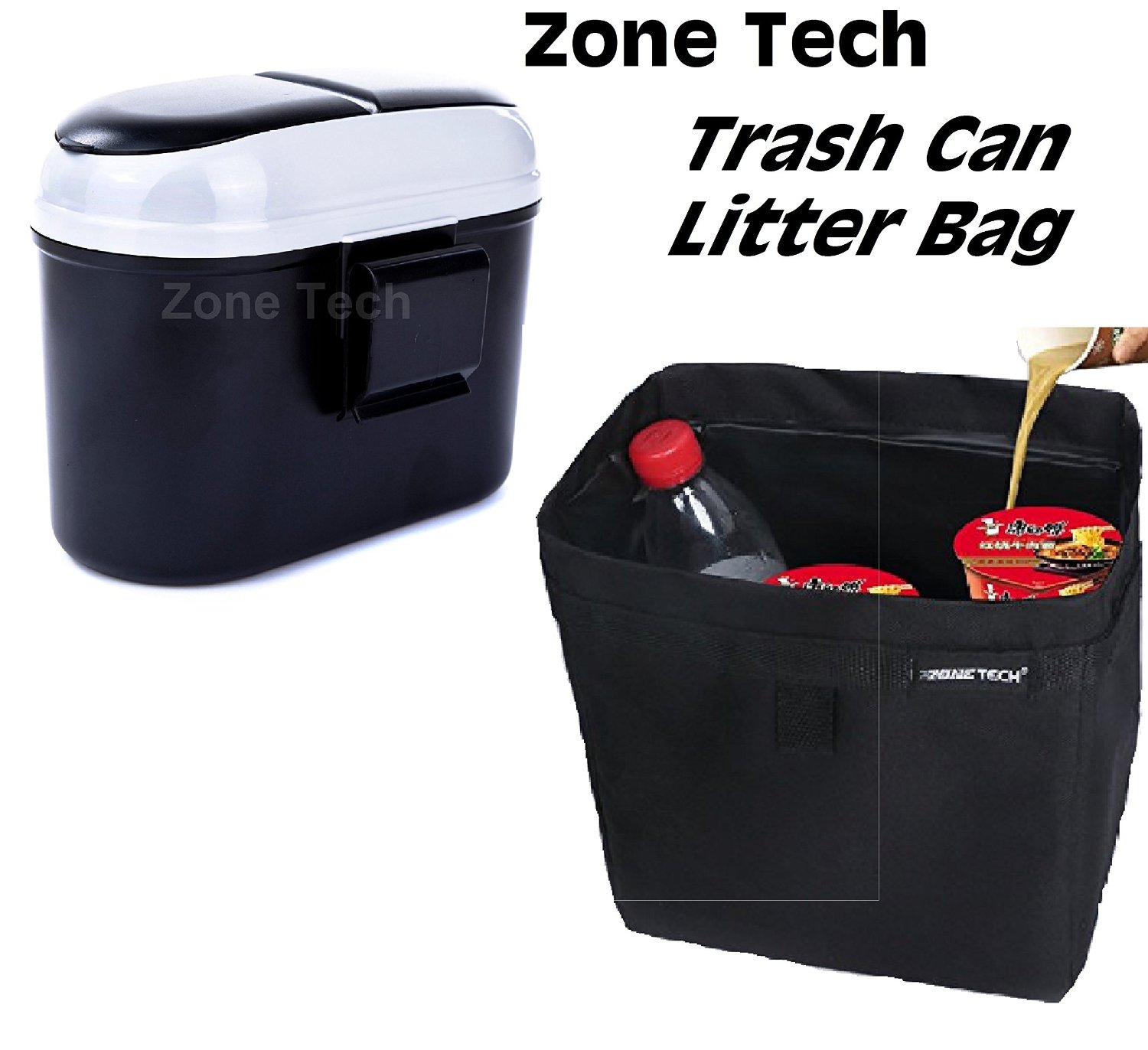 Zone Tech Black and Gray Portable Sturdy Mini Car Garbage Can and