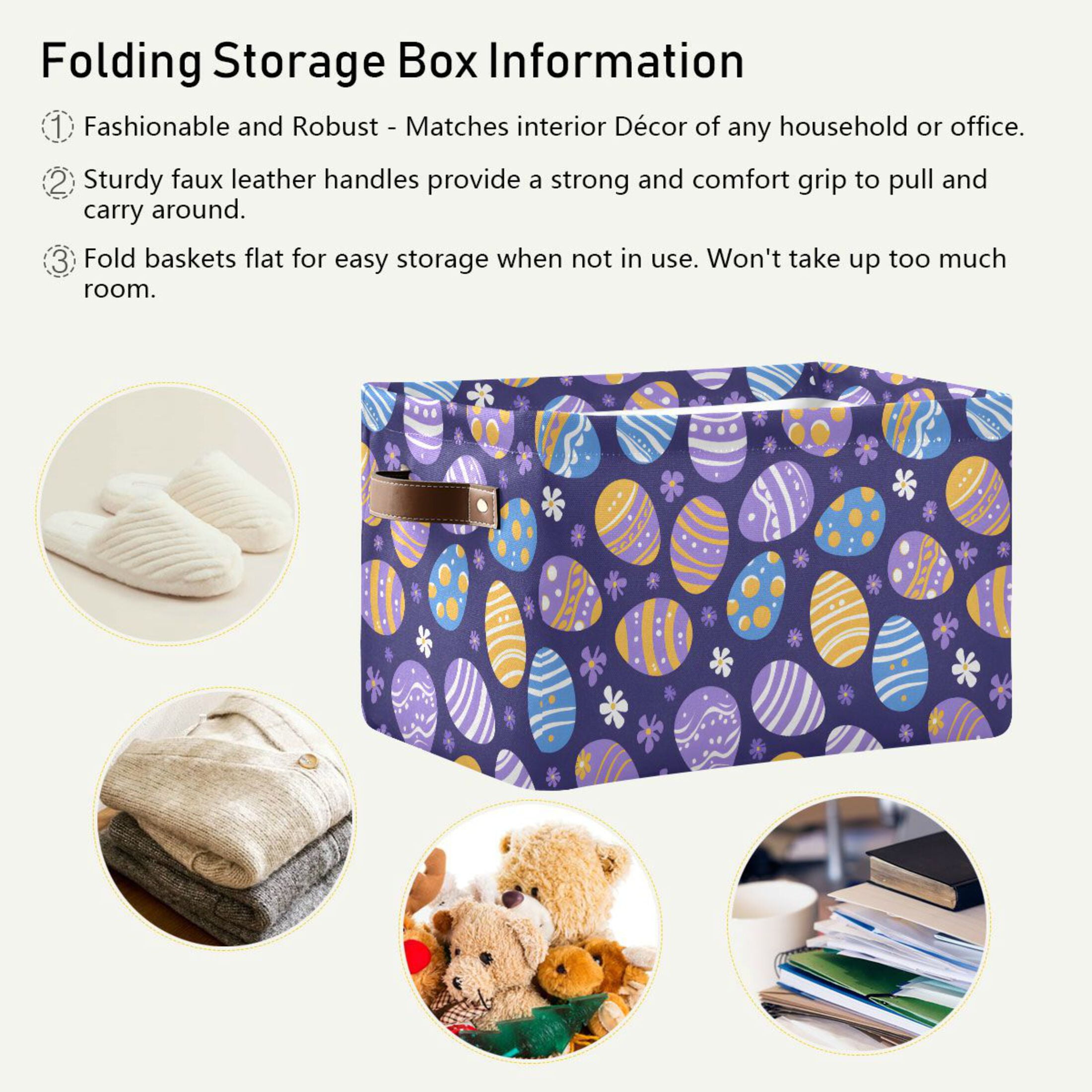 Easter Egg and Snow Storage Bins with Handle Fabric Organizer Basket Foldable Box 2 Pack 14.2x10.2x8.3