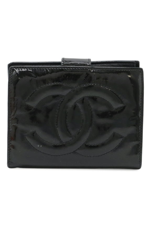 Pre-Owned CHANEL Coco Mark Bi-fold Wallet Enamel Patent Leather Black A13497