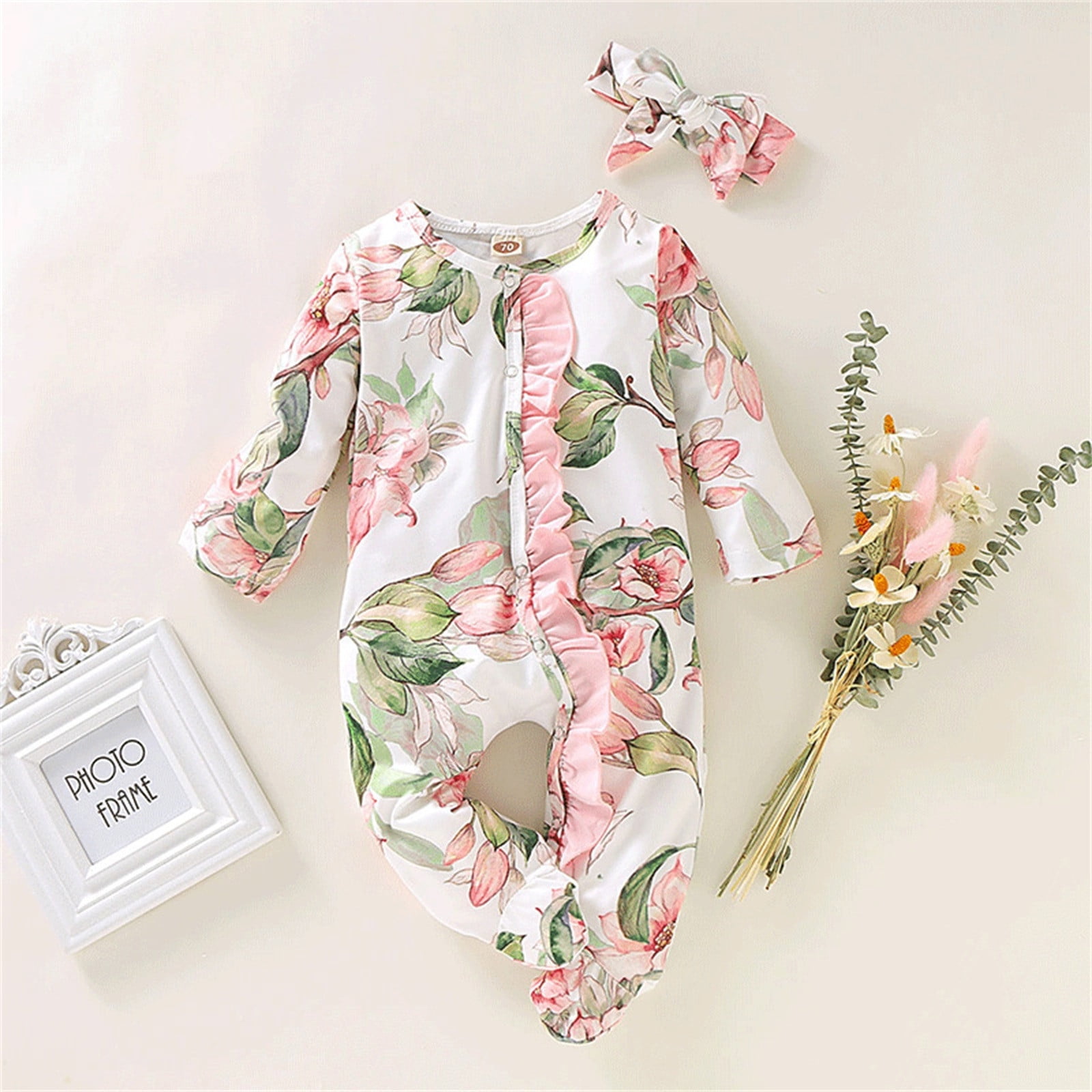 FYDUU Baby Girl Clothes Footed Onesies Floral Long Sleeve Ruffle Romper Jumpsuit Pajamas With Headband Baby Clothing Set Soft Cute Clothes 0-3 Months