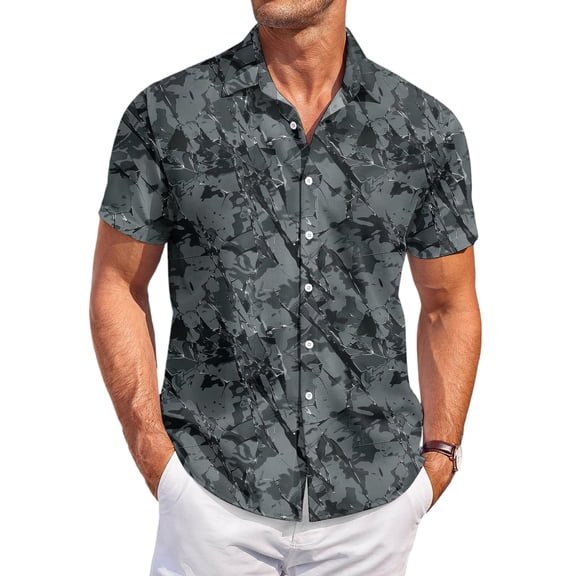 QHRMKOG Mens Hawaiian Shirt Loose Fit Print Short Sleeve Beach Shirts Light Tropical Holiday Button Down Hawaiian Shirt Summer Trendy Tops Gray M