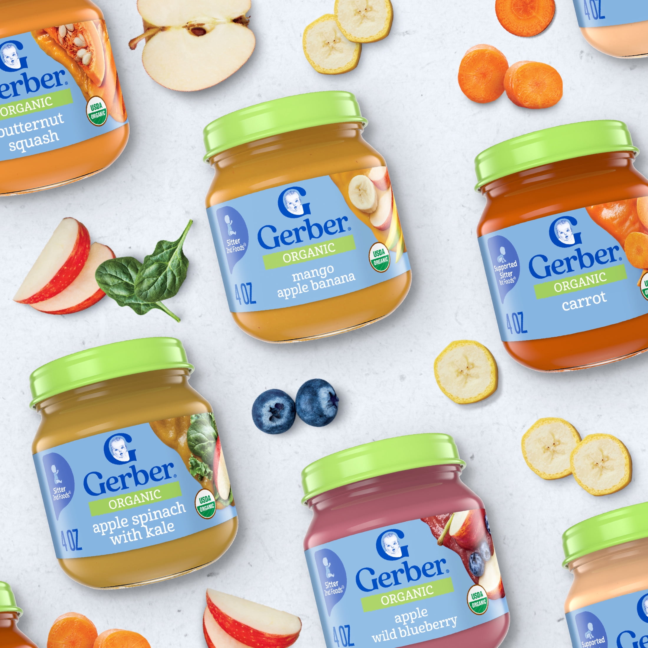 Gerber Stage 2 Baby Food, Organic Apple Wild Blueberry Jar, Non-GMO, Baby Puree, 10PK