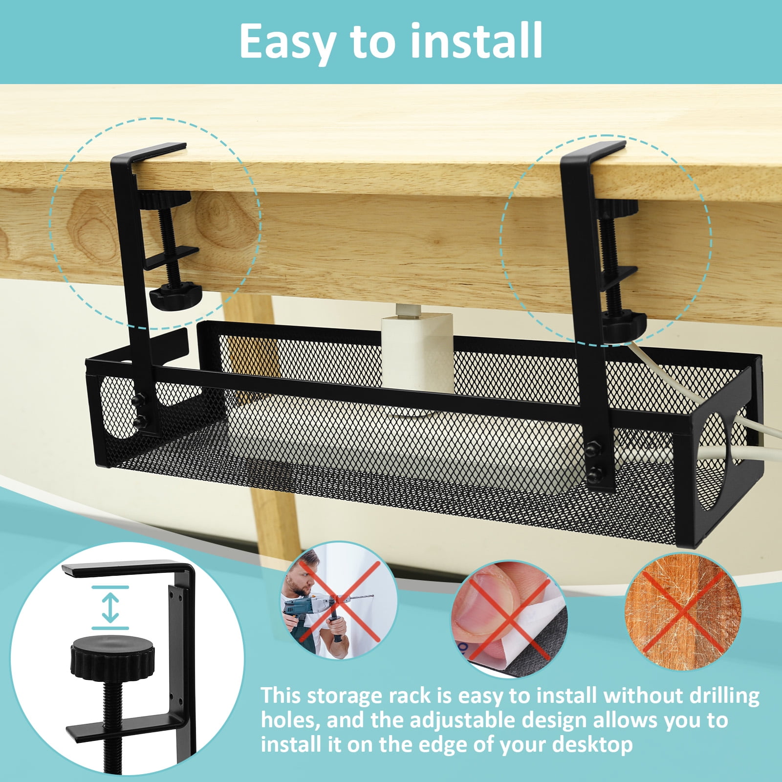 Under Desk Cable Tray Easy to Install Cable Management Tray Space Saving Under Desk Wire Holder No Drill Cord Holder Shelf for Office and Home