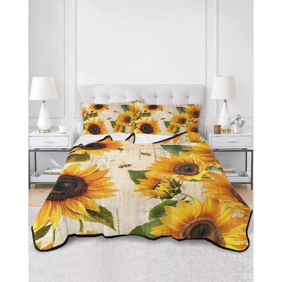 Quilts King Size, Yellow Sunflowers Soft Comforter Bedding Set for Bed, Country Vintage Botanical Floral Lightweight Quilted Bedspread with Pillow Cover(2 Pieces) for All Season, 96x106 Inch