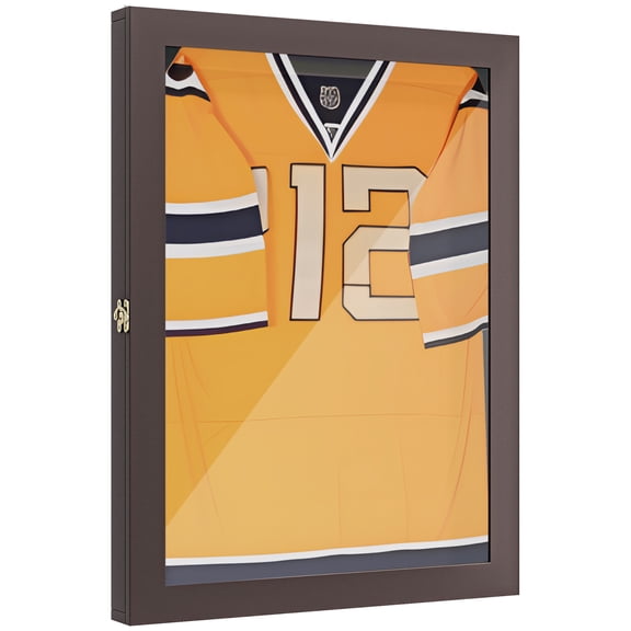 Miekor Furniture 24" x 32" Jersey Display Case, Wall-Mounted Memorabilia Acrylic Shadow Box with Hanger, Brown No7471