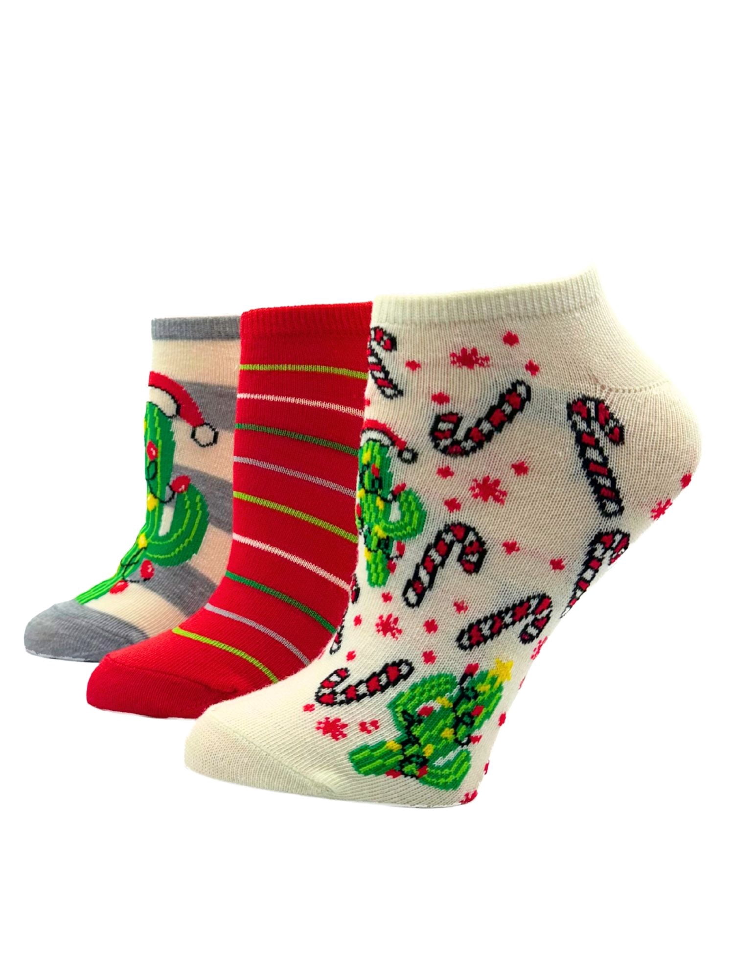 Holiday Time Women's Candy Cane Cactus No-Show Socks, 3-Pack, Size 4-10