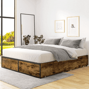 Einfach Full Size Metal Platform Bed Frame with 4 XL Storage Drawers and Footboard, Unique Design, Brown