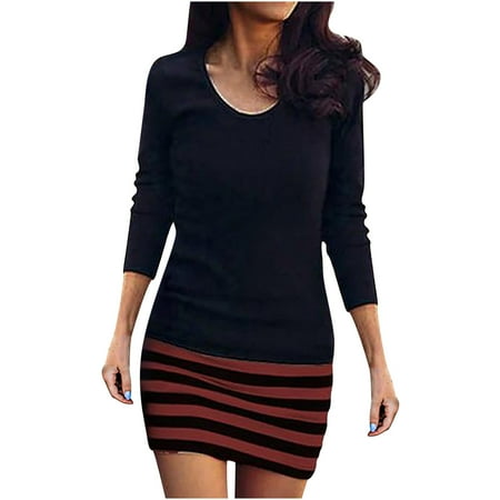 

QIPOPIQ Dresses for Women Deals Fashion Women Pullover Long Sleeve Autumn Stripe Printing Casual Rounk Neck Mini Dress