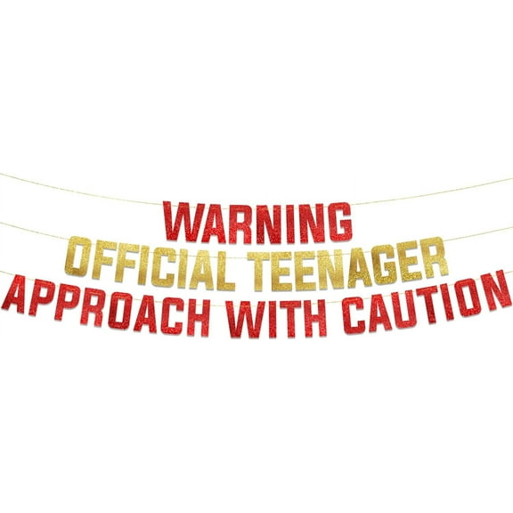 Warning Official Teenager Approach With Caution Gold Glitter Banner - 13th Birthday Party Supplies, Ideas, Gifts and Decorations
