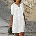 thumbnail image 2 of Moxiu Cotton Linen Dresses for Women 2025 Lace V Neck Short Sleeve Summer Casual Boho Dress Flowy Beach Vacation Clothes White,XL, 2 of 6