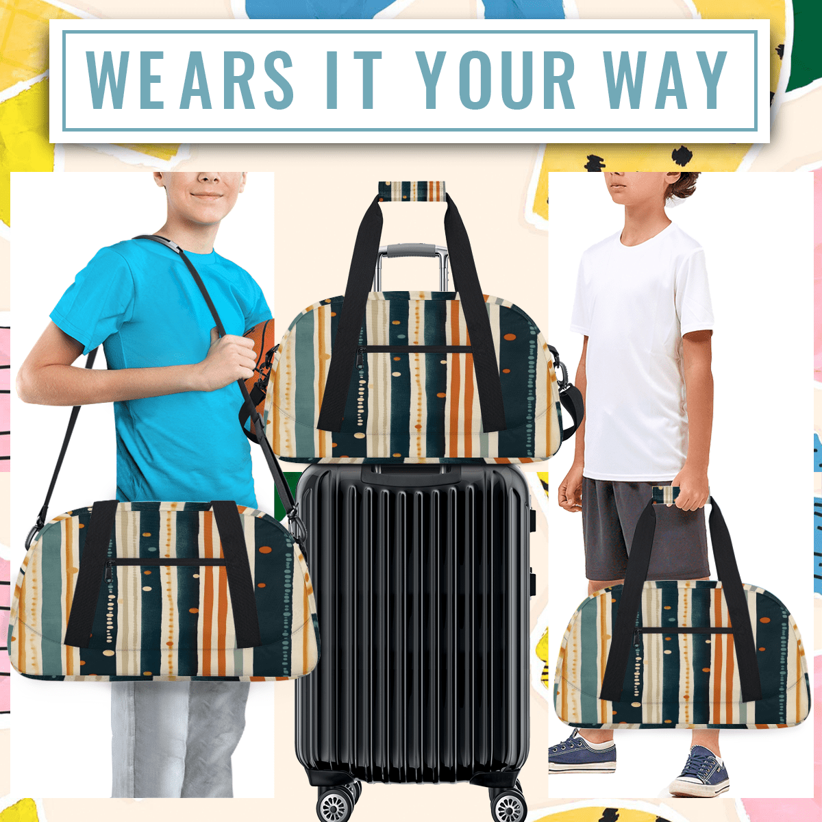 Herdesigns Striped Sports Duffle Bag for Women & Men, Striped Design Gym Bag Dance Bag Overnight Bag Carry On Weekender Travel Bag