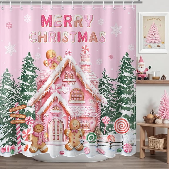 Pink Christmas Gingerbread Shower Curtain Cute Gingerbread House Shower Curtain for Pink Christmas Bathroom Decor Waterproof Pine Trees Snow Scene Winter Bath Curtain, 72 X 72 Inch
