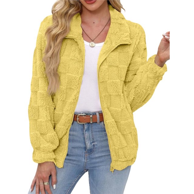 Chaqueta Suave y Cálida con Cremallera y Larga para Mujer Amarillo XXL