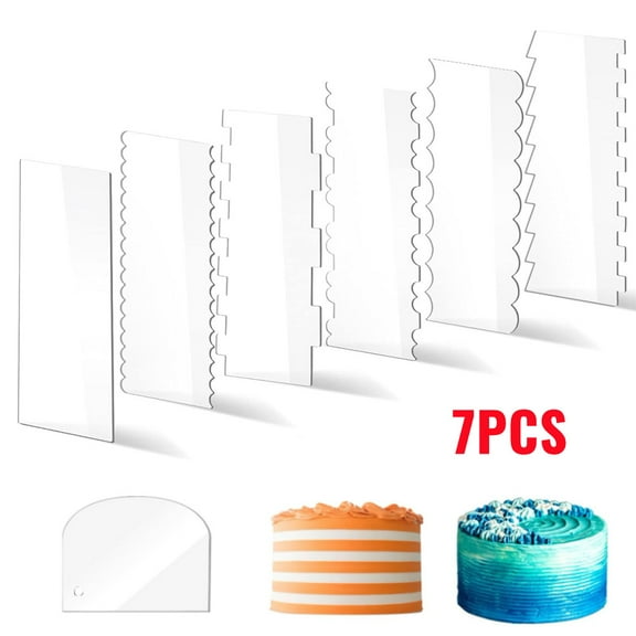 7PCS Cake Scraper Smoother Set, Acrylic Cake Smoother For Icing with 12 Patterns Edge Strips for Mousse Cream Cake Decor