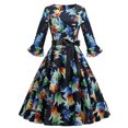 thumbnail image 2 of Robe de Cocktail Vintage pour Femmes des Années 1950 Rétro Imprimée avec Nœud, Manches Longues, Robe de Bal Évasée, Robe Midi Évasée, 2 of 7